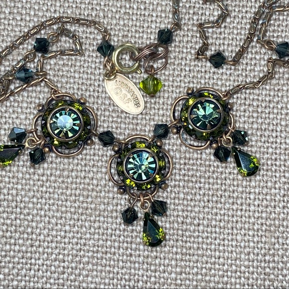 Liz Palacios Green Swarovski Crystal Triple Medallion Choker Necklace w Dangles - Picture 1 of 7
